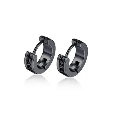 Stainless Steel Link Design Huggie Hoop Earrings - Black Plated