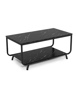 Coffee Table 2-Tier Modern Marble Coffee Table W/ Storage Shelf