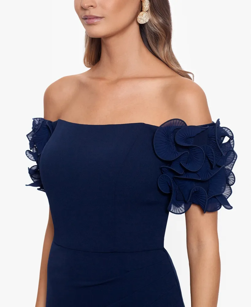 Xscape Petite Off-The-Shoulder Ruffled-Sleeve Gown