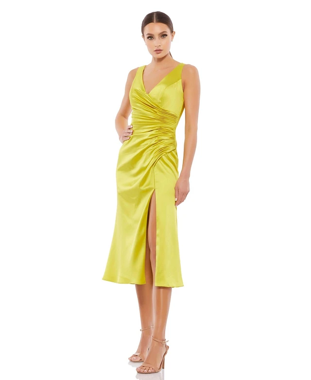 Mac Duggal Women's Ieena Satin Ruched V Neck Faux Wrap Midi Dress | MainPlace Mall Mac Duggal Women's Ieena Satin Ruched V Neck Faux Wrap Midi Dress | MainPlace Mall