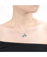 Genevive Sterling Silver White Gold Plated Blue Sapphire & Cubic Zirconia Double Fluttering Butterfly Pendant Necklace