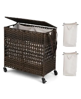 Costway 110L Laundry Hamper w/Wheels Clothes Basket w/Lid and Handle and 2 Liner Bags