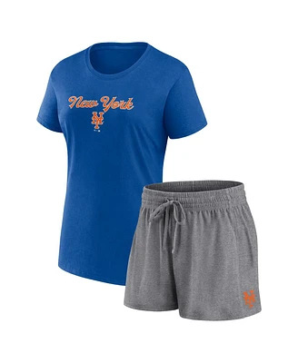 Women's Fanatics Royal, Gray New York Mets Script T-shirt and Shorts Combo Set
