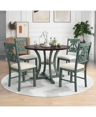 Simplie Fun 5-Piece Round Dining Table And 4 Fabric Chairs With Special-Shaped Table Legs And Storage