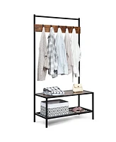 Costway 3 in 1 Industrial Coat Rack Shoe Bench Hall Tree Entryway Storage Shelf w/ Hooks