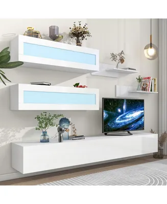 Simplie Fun Wall Mount Floating Tv Stand With Four Media Storage Cabinets And Two Shelves, Modern