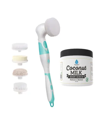 Pursonic Advanced Facial & Body Cleansing Brush With Extended Handle & Coconut Milk Body Scrub 14oz, with Dead Sea Salt, Almond Oil and Vitamin E