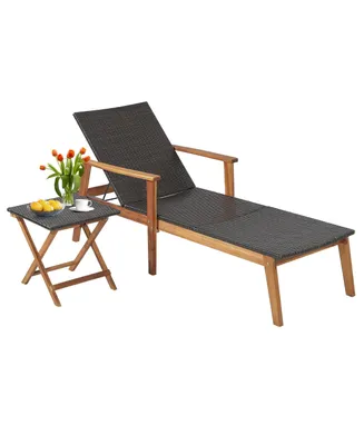 2PCS Patio Rattan Lounge Chair Chaise Recliner Wood Back Adjust W/Folding Table
