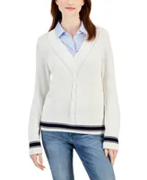 Tommy Hilfiger Women's Cable-Knit Contrast-Trim V-Neck Sweater