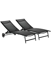 Outsunny Patio Chaise Lounge Chair Set of 2, 2 Piece Outdoor Recliner with Wheels, 5 Level Adjustable Backrest for Garden, Deck & Poolside, Black