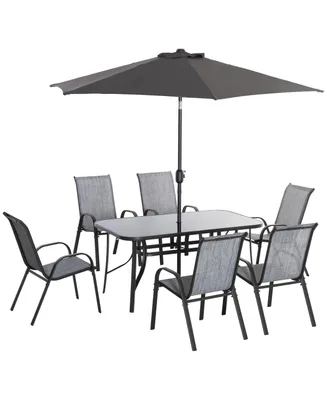 Outsunny 8 Piece Patio Dining Set with 8Ft Patio Table Umbrella with Push Button Tilt and Crank, 6 Chairs and Rectangle Dining Table, Outdoor Patio Fu