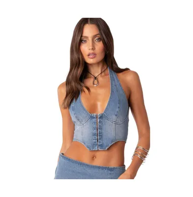Edikted Women's Katrina Lace Up Denim Corset Top