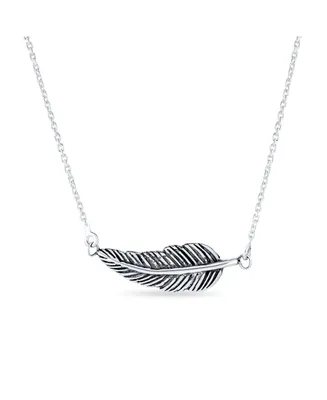 Bling Jewelry Native American Style Bohemian Boho Sideways Diagonal Feather Leaf Pendant Necklace Western Jewelry For Women For Teen Oxidized .925 Ste