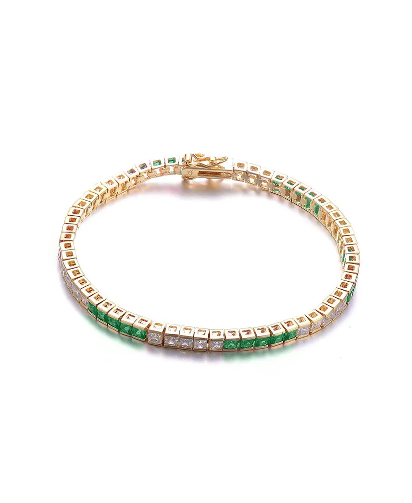 Genevive Cubic Zirconia Sterling Silver 14K Gold Plated Green 5 x5 Bracelet