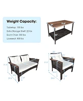 4PCS Patio Rattan Acacia Wood Furniture Set Cushion Sofa Armrest Deck