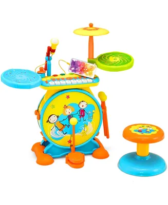 2-in-1 Kids Electronic Drum Kit Music Instrument Toy w/ Keyboard Microphone
