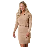 Hope & Henry Women's Long Sleeve Wide Collar Belted Sweater Dress