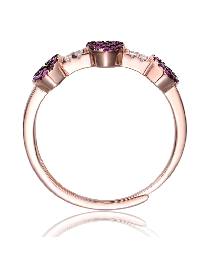 Genevive Sterling Silver 18k Rose Gold Plated with Ruby & Cubic Zirconia Pave Hearts Promise Adjustable Ring