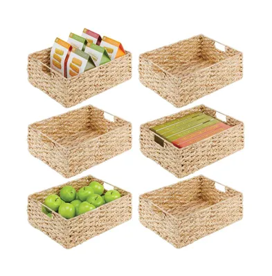 mDesign Hyacinth Braided Woven Pantry Bin Basket, Handles, Large - 6 Pack, Natural/Tan