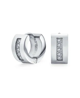 Bling Jewelry Unisex Channel Set 3 Row Cubic Zirconia Cz K-pop Wide Mini Hoop Huggie Earrings For Men For Women Silver Plated Steel Stainless