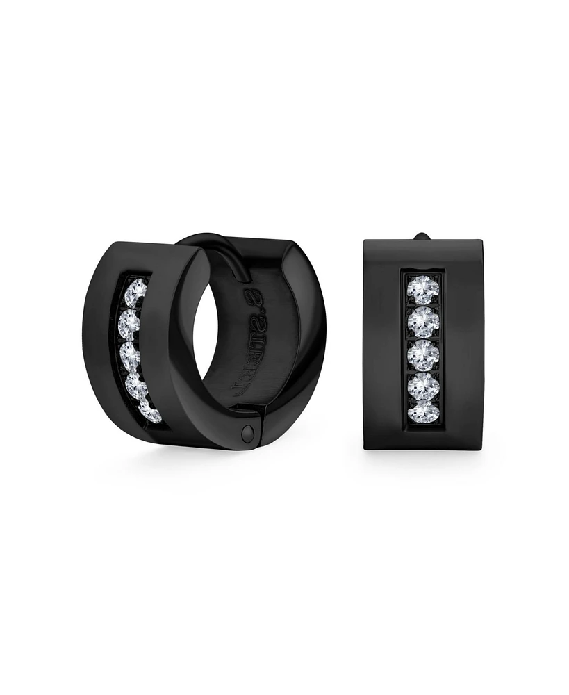 Unisex Channel Set 3 Row Cubic Zirconia Cz K-pop Wide Mini Hoop Huggie Earrings For Men For Women Black Plated Steel Stainless