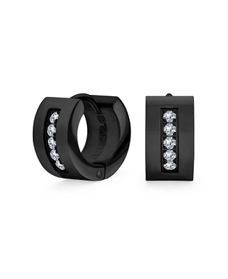 Unisex Channel Set 3 Row Cubic Zirconia Cz K-pop Wide Mini Hoop Huggie Earrings For Men For Women Black Plated Steel Stainless