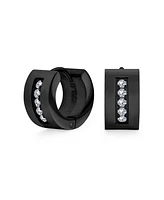 Unisex Channel Set 3 Row Cubic Zirconia Cz K-pop Wide Mini Hoop Huggie Earrings For Men For Women Black Plated Steel Stainless