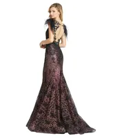 Mac Duggal Women's Embellished Feather Cap Sleeve Illusion Neck Trump