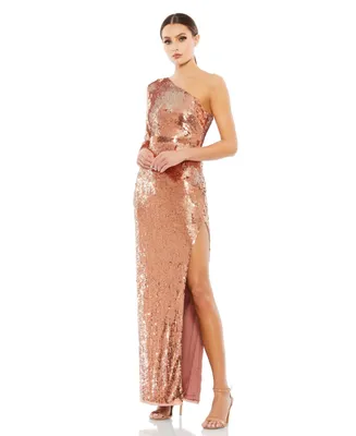 Women's Sequined One Sleeve Column Gown