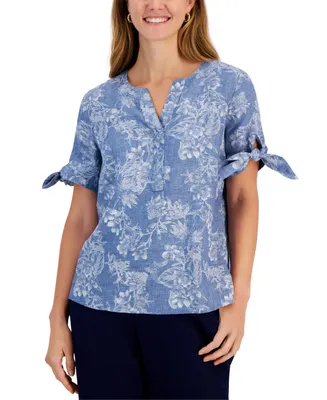 Charter Club Women's 100% Linen Foliage-Print Tie-Sleeve Top, Created for Macy's