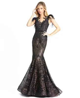 Mac Duggal Women's Embellished Feather Cap Sleeve Illusion Neck Trumpet Gown