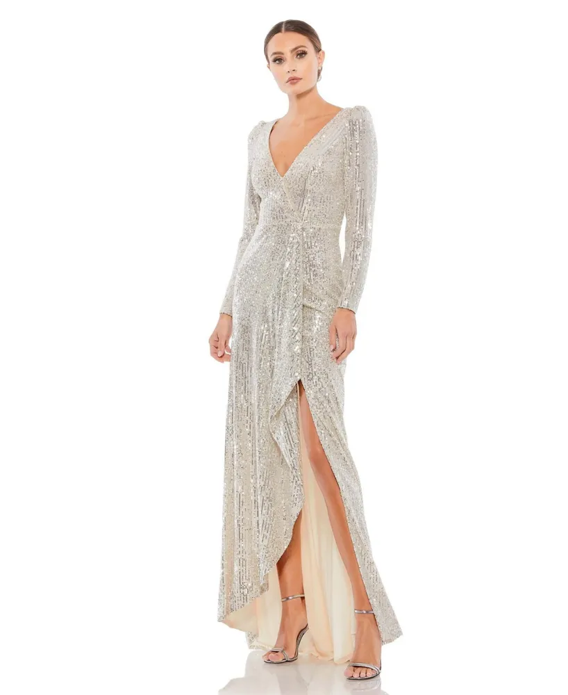 Mac Duggal Women's Ieena Sequined Faux Wrap Long Sleeve Gown