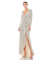 Mac Duggal Women's Ieena Sequined Faux Wrap Long Sleeve Gown