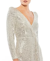 Mac Duggal Women's Ieena Sequined Faux Wrap Long Sleeve Gown