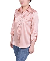 Ny Collection Petite Tabbed Long Sleeve Satin Blouse