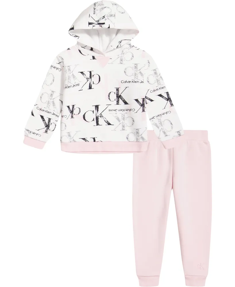 Calvin Klein Baby Girls Fleece Monogram-Print Hoodie and Joggers, 2-Piece  Set