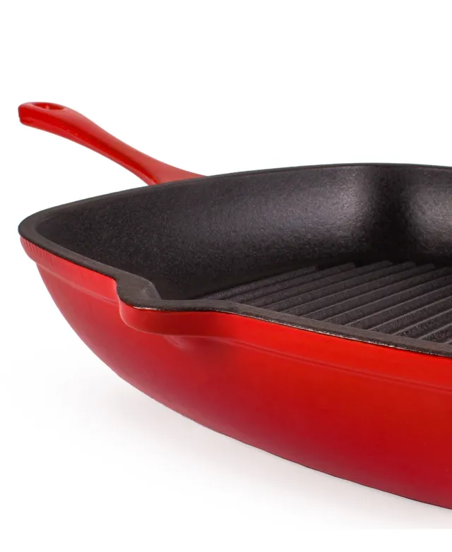 Neo 3PC Cast Iron Set Fry Pan Grill Pan & Slotted Steak Press Red