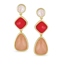 Bling Jewelry Unique Long Round Square Teardrop Shape 3 Multi-Tier Summer Party Red Peach Pink Synthetic Quartz Dangling Earrings Gold Plated