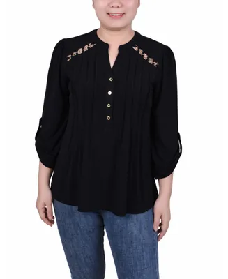 Ny Collection Petite Pin tuck Front Top with Chain Details