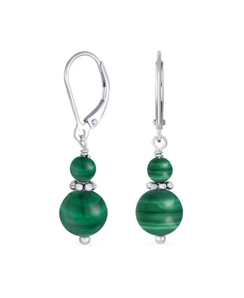 Bling Jewelry Dark Green Natural Malachite Bali Edged Beaded Rondel Separator Double Ball Round Drop Dangle Earrings Sterling Silver Lever back