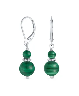 Bling Jewelry Gemstone Natural Dark Green Malachite Boho Bali Edged Beaded Rondel Separator Double Ball Round Drop Dangle Earrings Sterling Silver Lev