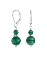 Bling Jewelry Gemstone Natural Dark Green Malachite Boho Bali Edged Beaded Rondel Separator Double Ball Round Drop Dangle Earrings Sterling Silver Lev