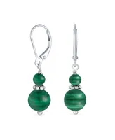 Bling Jewelry Dark Green Natural Malachite Bali Edged Beaded Rondel Separator Double Ball Round Drop Dangle Earrings Sterling Silver Lever back