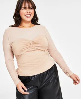 Bar Iii Plus Size Ruched-Bodice Sheer-Sleeve Top, Created for Macy's