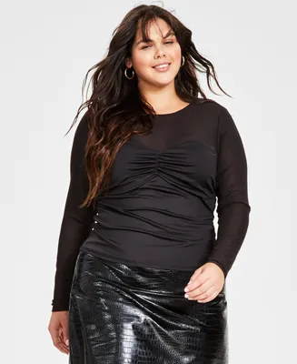 Bar Iii Plus Size Ruched-Bodice Sheer-Sleeve Top, Created for Macy's