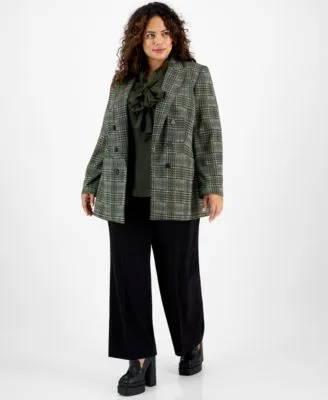 Bar Iii Plus Size Plaid Faux Double Breasted Boyfriend Jacket Satin Bow Blouse Pleat Front Wide Leg Pants Created For Macys