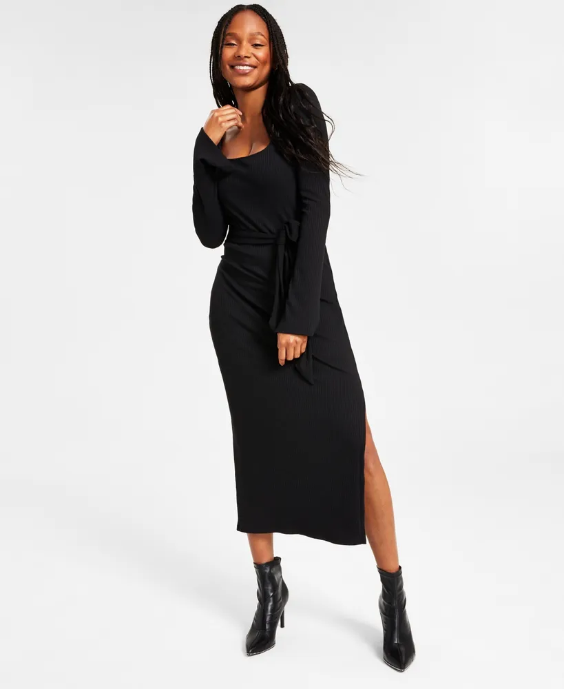 Bar Iii Plus Size Long-Sleeve Square-Neck Tie Rib Midi Dress, Created for Macy's