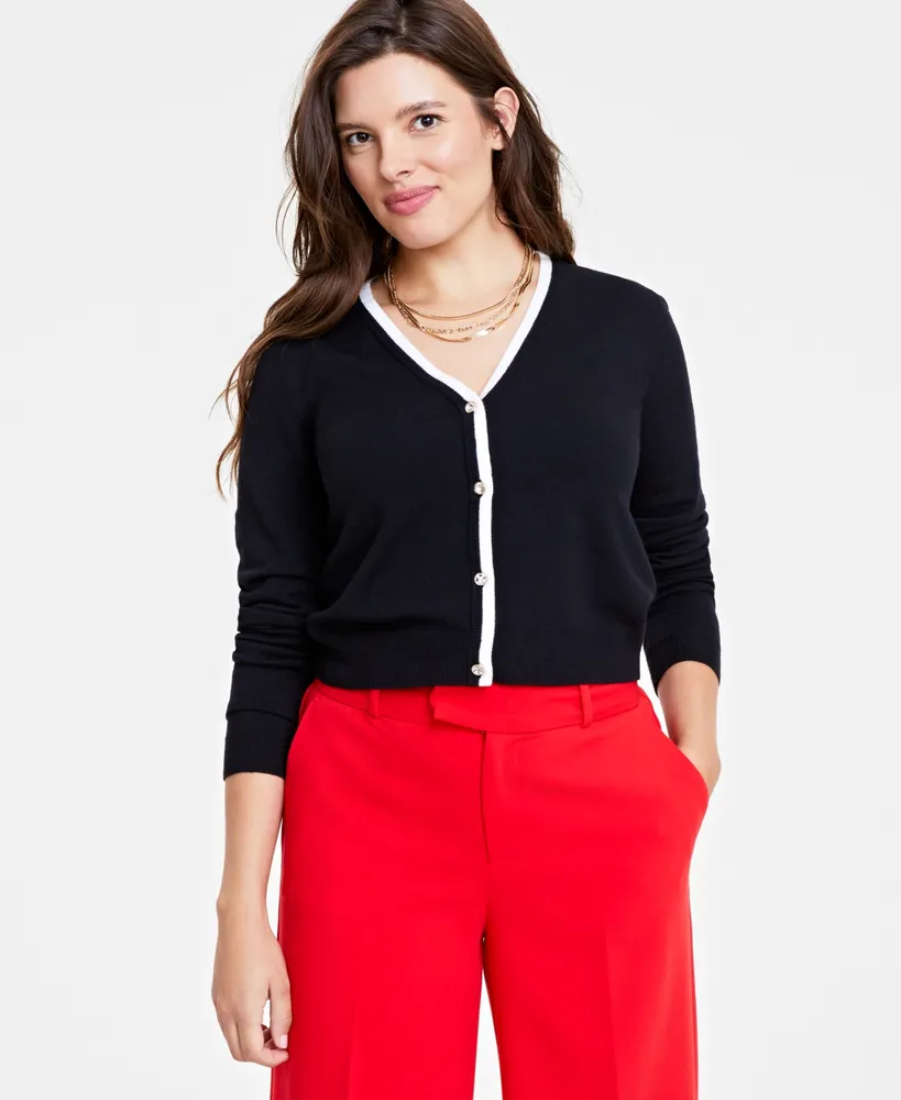 On 34th Women's Tipped V-Neck Embellished Cardigan, Created for Macy's