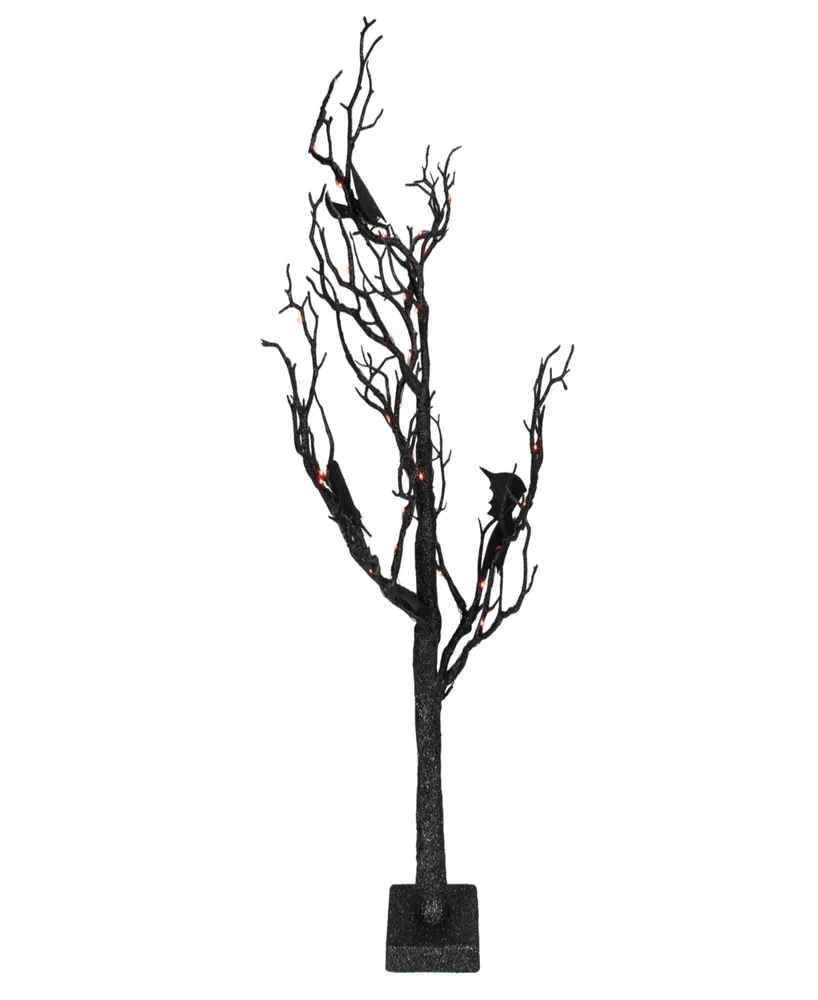 26.5" Black Glittered Battery Operated Led Tabletop Halloween Tree with Bats and Lights