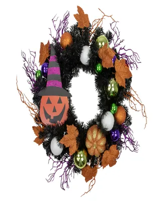 Jack-o'-Lantern in Witches Hat Halloween Pine Wreath, 24" Unlit